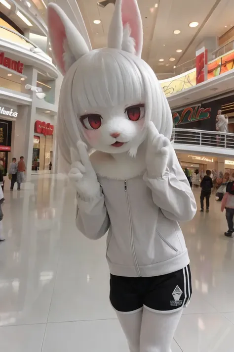 1girl, solo, rabbit ears, pale skin, dolphin shorts, furry, white fur, (faceplant:1.2), (mall:1.2),  <lora:rabbit_v1:0.3>