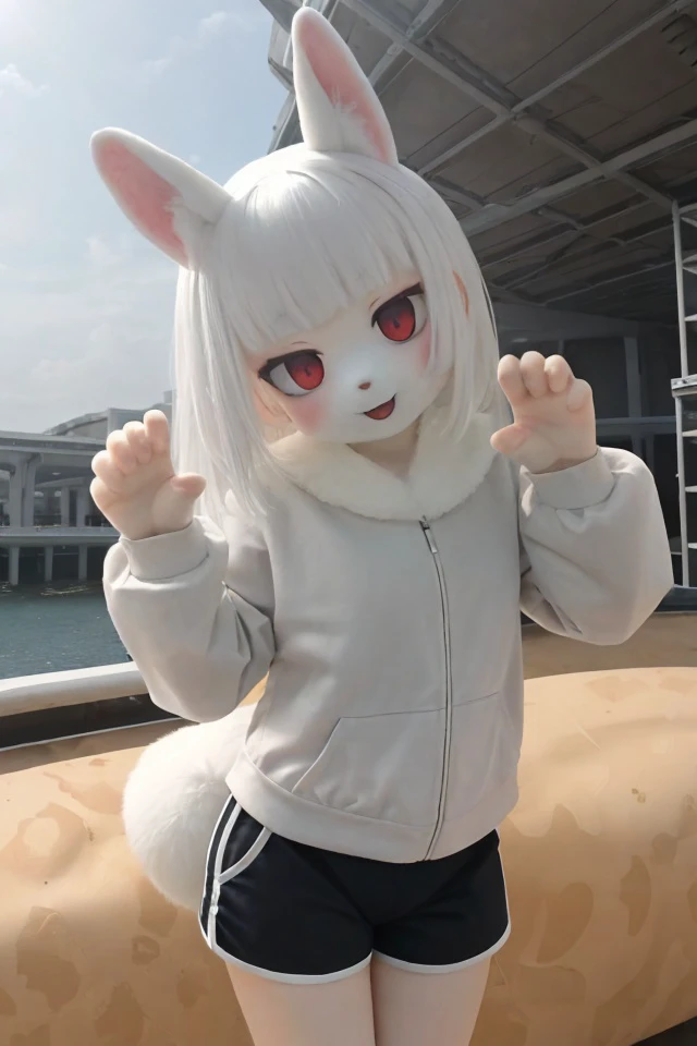 1girl, solo, rabbit ears, pale skin, dolphin shorts, furry, white fur, (rabbit pose:1.2), (megastructure:1.2), <lora:rabbit_v1:0.3>
