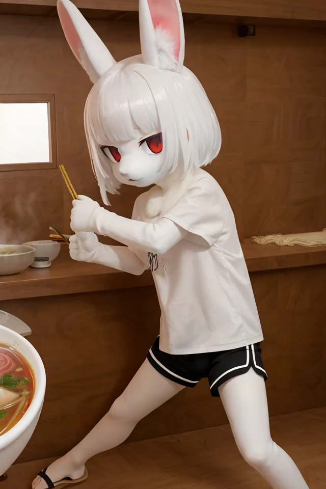 1girl, solo, rabbit ears, pale skin, dolphin shorts, furry, white fur, (fighting stance:1.2), (ramen shop:1.2),  <lora:rabbit_v1:0.3>