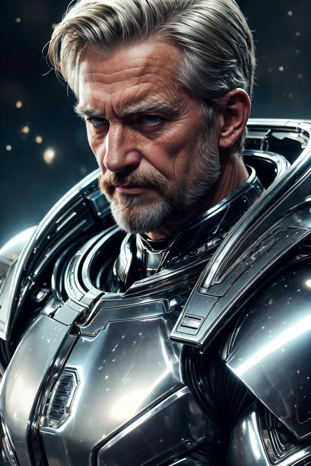 masterpiece, best quality, <lora:more_details:0.5>, <lora:FujiVelvia50:0.4>,
(1man, old welsh male:1.2), wise, coral eyes, gray hair, low-fade,
portrait, looking at viewer, solo, upper body, detailed background, close up, ( <lora:ChromeTech:0.6>, scifi, metallic, chrometech theme:1.1), superhero, smug smile, cape, outer space, stars, planets, comets, debris, battle scene, epic cinematic atmosphere,