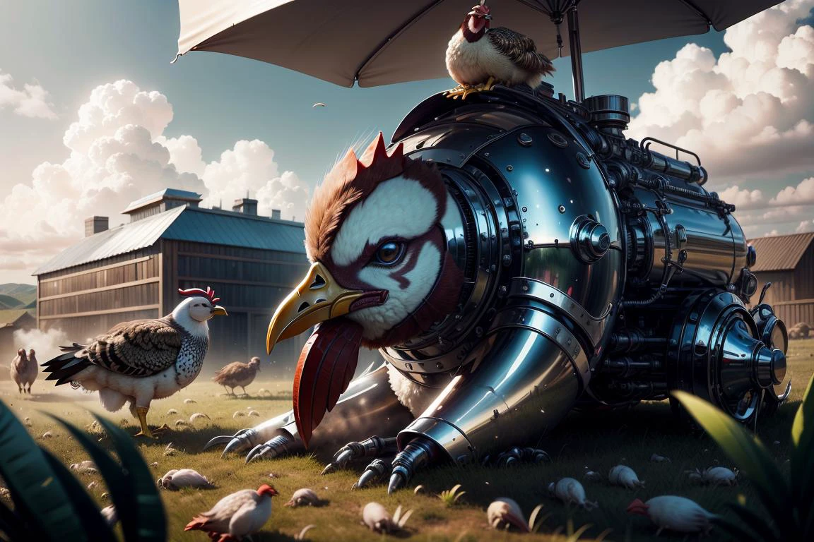 masterpiece, dusty volumetric lighting , depth of field, outdoors,
(fowl :1.3), fowl in a the grassy fields, ranch, farm and hills at a distance ,
<lora:ChromeTech-21:0.5> chrometech , metallic , chrome , <lora:HydroTech-20:0.5> hydrotech ,