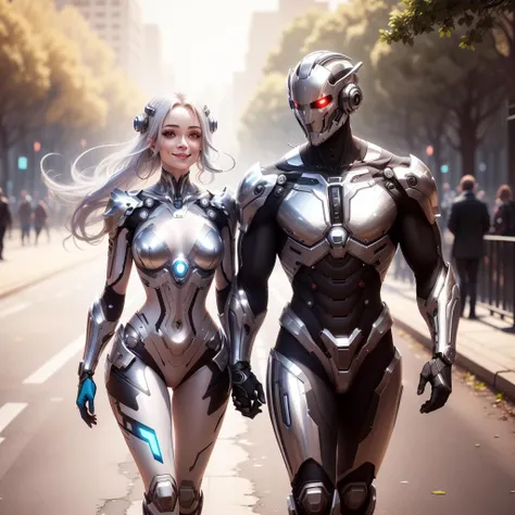 <lora:ChromeTech-21:0.8>,chrometech , scifi, metallic , chrome ,
light smile,
couple walking in the park, long hair , short hair ,glowing colored hair, glowing eyes,looking at another,