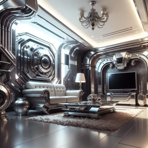 <lora:ChromeTech-21:0.8>,chrometech , scifi, metallic , chrome ,
living room,