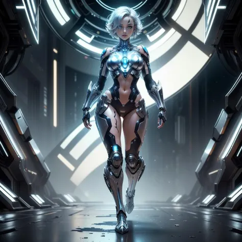 <lora:ChromeTech-21:0.8>,chrometech , scifi, metallic , chrome ,
1girl, tattoos, glowing tattoos, glowing eyes, silver glowing hair , full body,short hair,