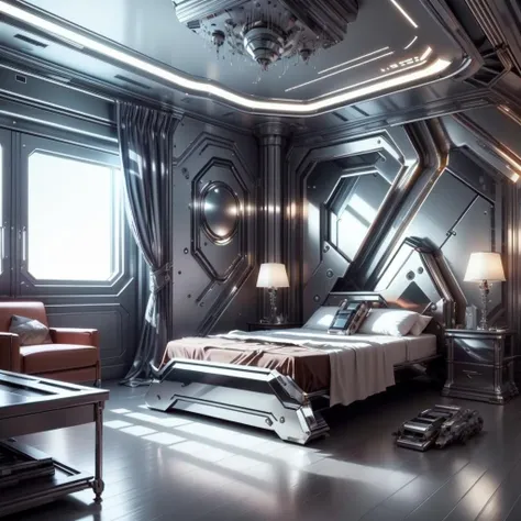 <lora:ChromeTech-21:0.8>,chrometech , scifi, metallic , chrome ,
bedroom,