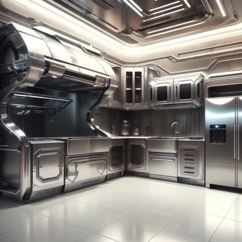 <lora:ChromeTech-21:0.8>,chrometech  , scifi, metallic , chrome ,
kitchen,