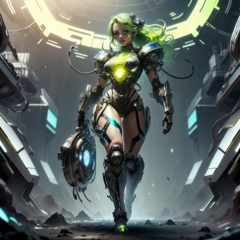 <lora:ChromeTech-21:0.8>,chrometech , scifi, metallic , chrome ,
1girl, tattoos, glowing tattoos, glowing eyes, green glowing hair , full body,long hair,
<lora:UraniumTech-20:0.7> uraniumtech, radiation, nuclear , transparent , see-through,