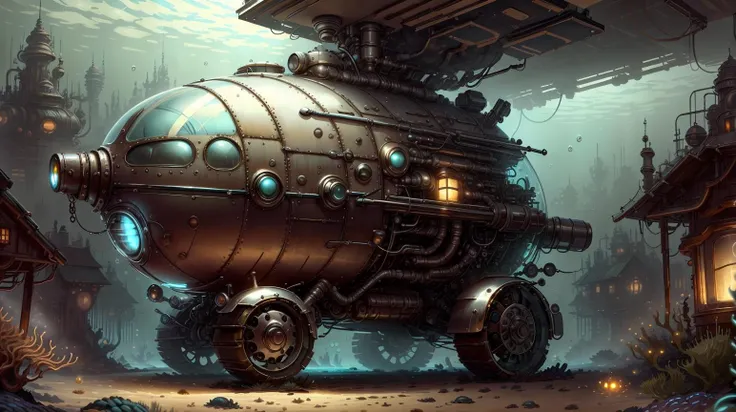<lora:ChromeTech-21:0.6> chrometech scifi, metallic , chrome, inhabitants of a vibrant underwater city commuting through bubble vehicles, steampunkai inhabitants of a vibrant underwater city commuting through bubble vehicles <lora:SteamPunkAI:0.6>