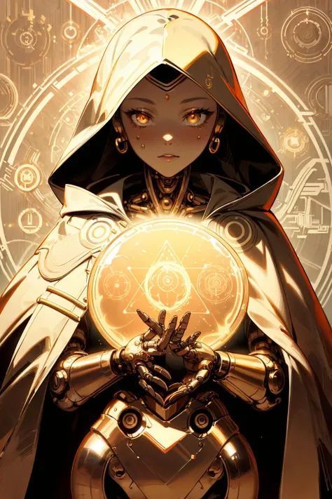 chrometech, metallic female cyborg wearing Aura Glam Bodysuit, Copper Alchemist Robe with Transmutation Circles: Transmutation circles are intricately woven into the fabric, representing alchemical knowledge., (Sentimental Lady,Cape Honey color background:1.3),<lora:ChromeTech:1.2>