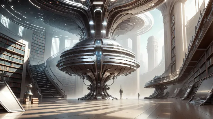 <lora:ChromeTech-21:0.8> chrometech scifi, metallic , chrome, a library where each book opens to a different world, bl8ckIC a library where each book opens to a different world <lora:bl8ckIC-1CIVIT:0.6>