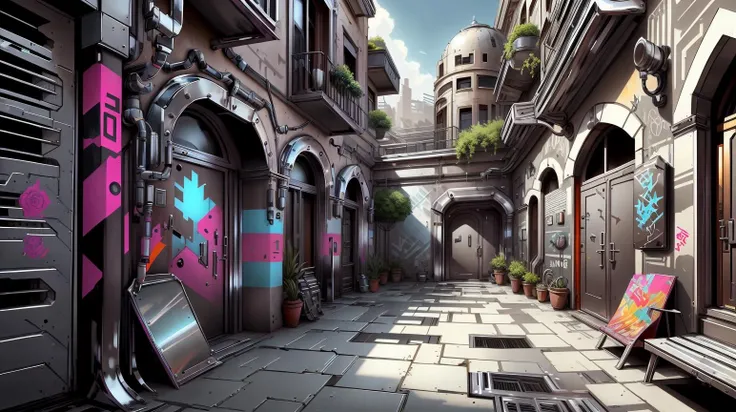 <lora:ChromeTech-21:0.8> chrometech scifi, metallic , chrome, a courtyard with auto-regenerating graffiti on the walls, colorful a courtyard with auto-regenerating graffiti on the walls <lora:PunkPunkAI:0.6>