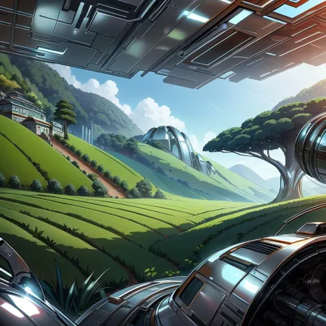 <lora:ChromeTech-21:1> chrometech scifi, metallic , chrome, fields of tea plants covering the hilly landscape