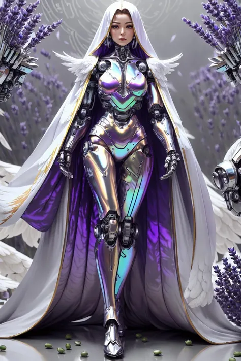 chrometech, metallic  female cyborg wearing  Enigmatic Spectrum Bodysuit, Pearlescent White Robe with Angelic Feathers: The robe features angelic feathers that seem to flutter with every step., (Royal Lavender,Mung Bean color background:1.3),<lora:ChromeTech:1.2>