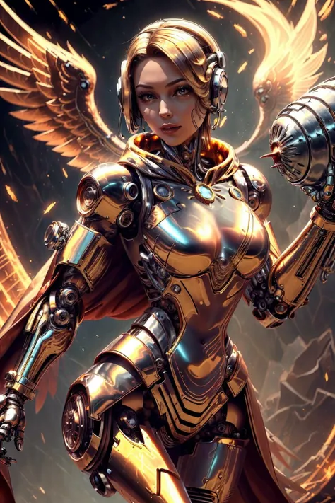 chrometech, metallic  female cyborg wearing  Electra Bodysuit, Crimson Red Cloak with Golden Phoenix: A majestic golden phoenix is elegantly woven into the fabric, symbolizing rebirth and courage., (Porchetta Crust,Toledo color background:1.3),<lora:ChromeTech:1.2>