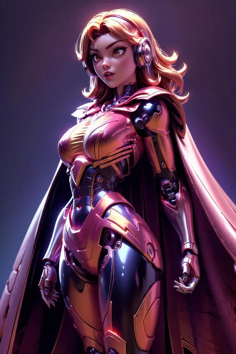 chrometech, metallic female cyborg wearing Lunar Luminescence Bodysuit: Moonlit sheen, lunar motifs., Ruby Red Cape with Fiery Edges: The edges of the cape flicker with fiery hues, adding a touch of elemental power., (Hazel,Sainsbury color background:1.3),<lora:ChromeTech:1.2>