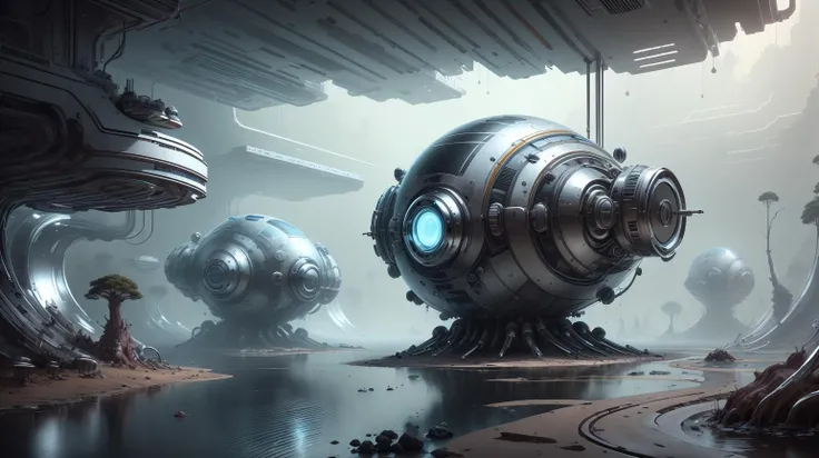 <lora:ChromeTech-21:0.8> chrometech scifi, metallic , chrome, technology-infused organisms interacting in a malfunctioning cyber creek, technology-infused organisms interacting in a malfunctioning cyber creek <lora:GPTS8 Elusive World_493473:0.6>