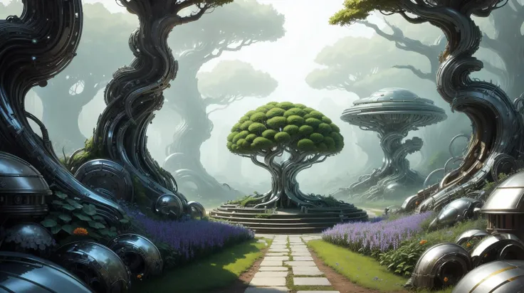 <lora:ChromeTech-21:0.8> chrometech scifi, metallic , chrome, a garden where all the flowers are wilted and the trees wail in agony, jadecarvingcd a garden where all the flowers are wilted and the trees wail in agony <lora:jadecarvingcd-000006:0.6>