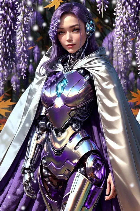 chrometech, metallic female cyborg wearing Quantum Twilight Bodysuit, Sapphire Blue Cloak with Enchanted Snow: The cloak is perpetually dusted with enchanted snowflakes, even in warm climates., (Autumn Wisteria,Raisin color background:1.3),<lora:ChromeTech:1.2>