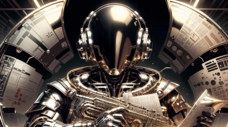 <lora:ChromeTech-21:0.8> chrometech scifi, metallic , chrome, person clad in a coat made from carefully stitched comic book pages, BrassinstrumentAI person clad in a coat made from carefully stitched comic book pages <lora:BrassInstrumentAI-000014:0.6>