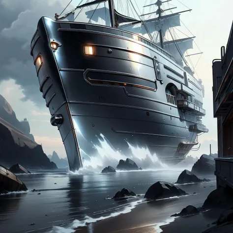 <lora:ChromeTech-21:1> chrometech scifi, metallic , chrome, a pirate ship creeping closer to the shore under the cover of early morning fog