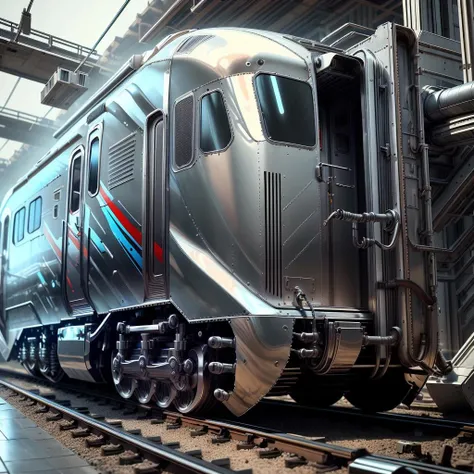 masterpiece, high quality, 8K, sci-fi, metallic, futuristic,  cyberpunk,  chrome, locomotive, electric locomotive, high-speed bullet train full body,  <lora:ChromeTech:1>