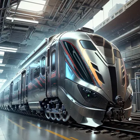 chrome tech, sci-fi,  futuristic, metallic, chrome, locomotive, Electric locomotive high speed bullet train, rails, train station,  <lora:ChromeTech:1>