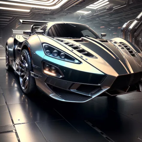 masterpiece, high quality, 8K, scifi, metallic , futuristic,  chrome (hypercar:0.6), full body,  <lora:ChromeTech:1>