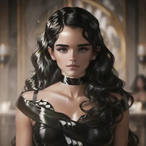 Portriat of  ((stunning)) woman wearing a black choker with (thick shiny wavy black:1.5) hair ((highly detailed eyes)), ethereal, seductive, ((perfect eyes)), (nude glossy lips), model, ((angelic)), photorealistic, full, 4K, trending on artstation,( masterpiece) , hyperrealistic,<lora:emwatson1-10:1>, (perfect face)