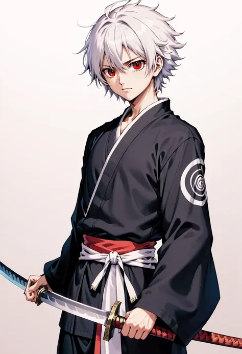 aniduskxl,  1990s , (style),  1boy, black shirt, closed mouth, collarbone, hair between eyes, holding, holding sword, holding weapon, japanese clothes, kimono, long sleeves, looking at viewer, male focus, open clothes, red eyes, shirt, fluffy hair, Sakata Gintoki, Gintama, short hair, solo, sword, upper body, weapon, white hair, white kimono,  anime,  retro art style,  flat color , <lora:AnimeSDXLv2:0.8>