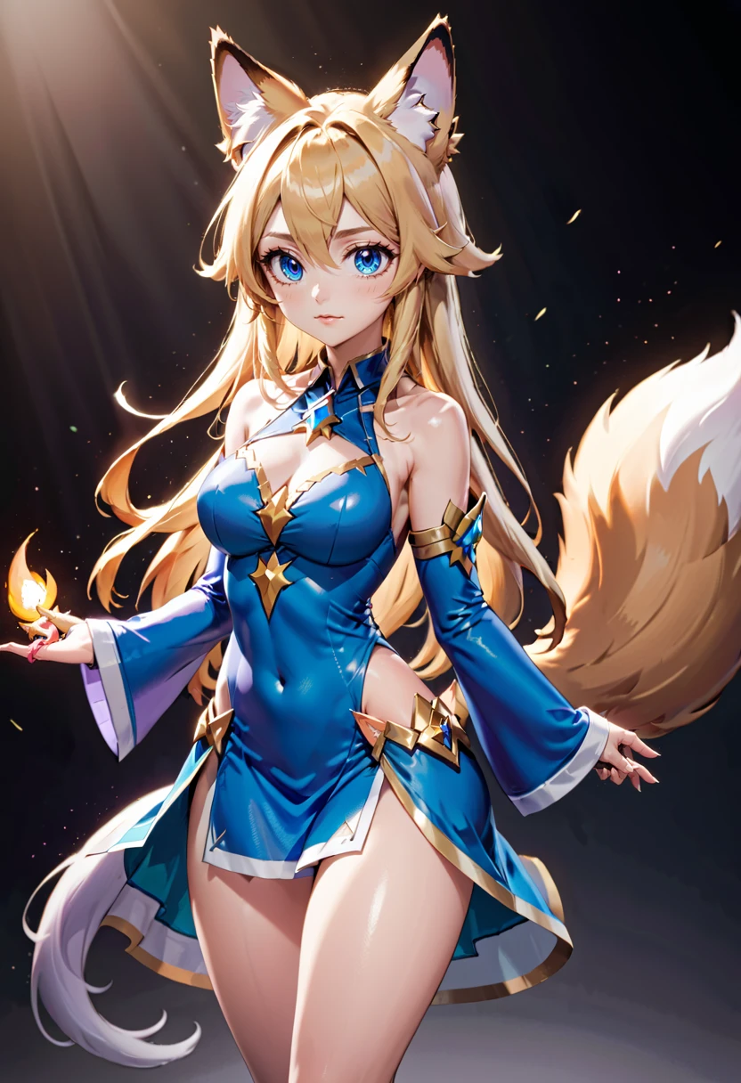 aniduskxl, 1girl, animal ears, bare shoulders, blonde hair, blue eyes, detached sleeves, fox ears, fox girl, fox tail, long hair, looking at viewer, medium breasts, parted lips, skirt, solo, star guardian , (league of legends), tail, upper body, <lora:AnimeSDXLv2:0.8>