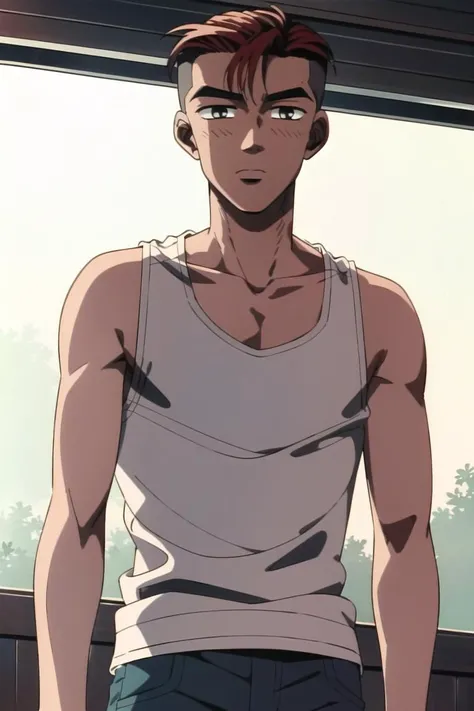 best quality, masterpiece, solo, 1boy, <lora:first_stage-10:1>, tank top, tan,buzz cut, red hair,