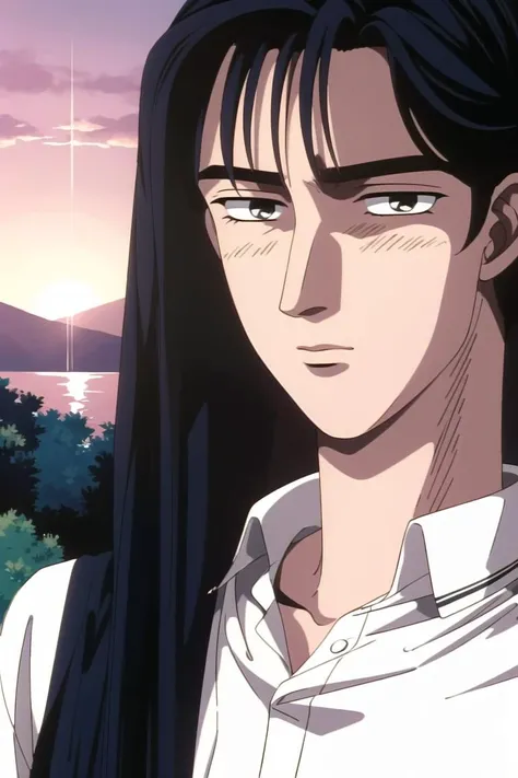 best quality, masterpiece, solo, 1boy, <lora:first_stage-10:1>, sunset, portrait, long hair, black hair,
