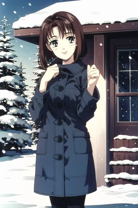 best quality, masterpiece, solo, 1girl, <lora:first_stage-10:1>, looking at viewer, light smile, open coat, winter, snowing,