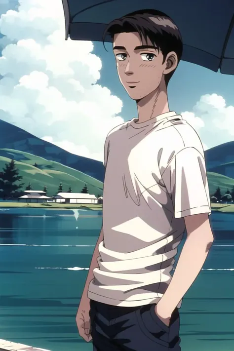 best quality, masterpiece, solo, 1boy, <lora:first_stage-10:1>, lake, t-shirt, smile,
