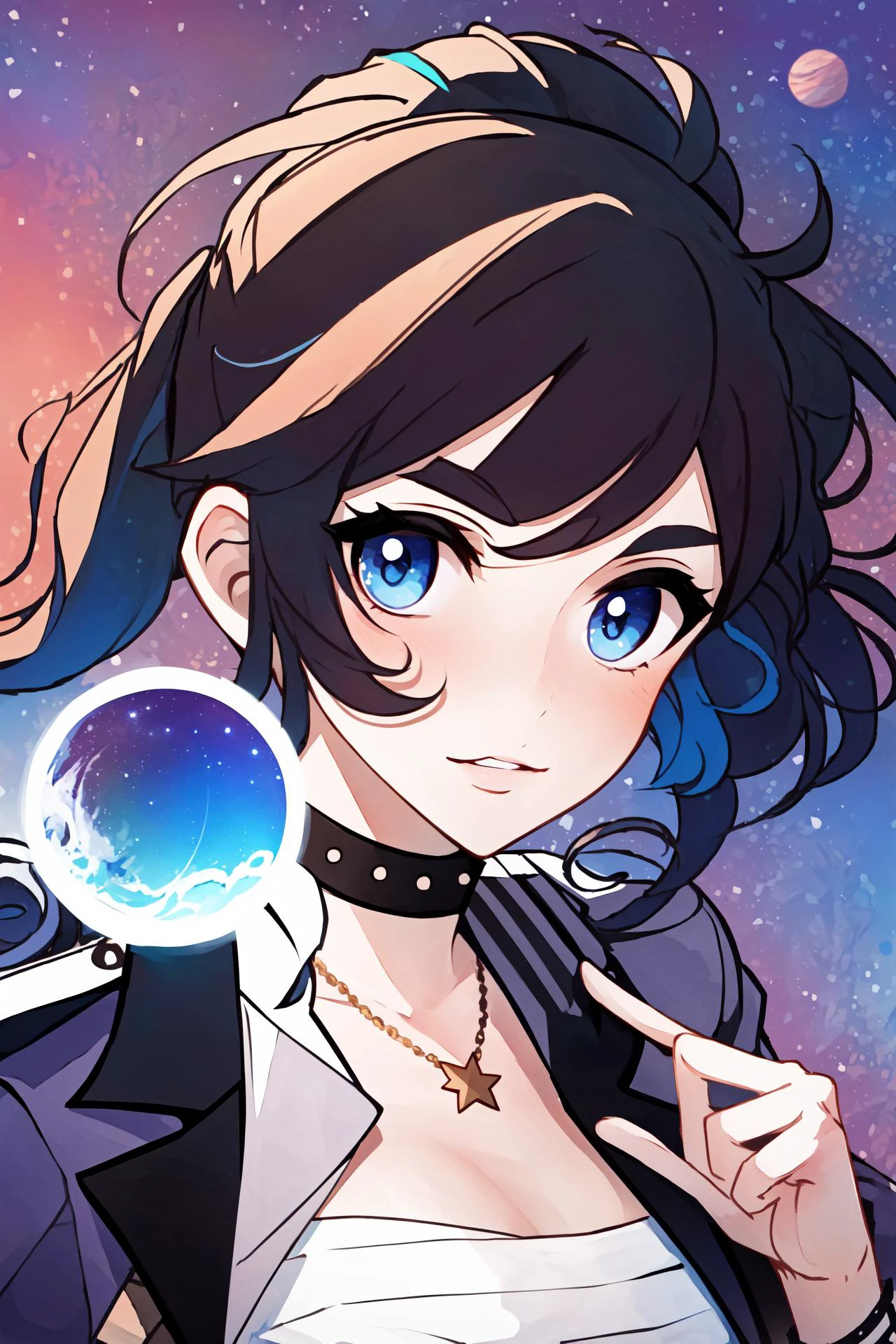 best quality, intricate details,
<lora:kson-06:0.8> kson(vshojo), belt, white footwear, black hair, black jacket, large breasts, coat, white pants, chest sarashi, simple background, cleavage, blue eyes, open clothes, pants, solo, black choker, boots, sarashi, midriff, green background, jacket, 1girl, looking at viewer, blue hair, ponytail, choker
nebula background, space, stars, planets, darkness,
<lora:contactStyle_v10Standard:0.8>