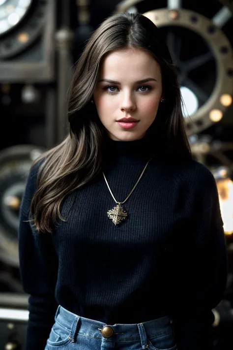 photo of beautiful (J1ll14nJ4ns0n-140:0.99), a woman, perfect hair, (modern photo), wearing a (long sleeved sweater:1.2) and jeans with jewelry, portrait, 85mm, (analog, cinematic, film grain:1.3), (Steampunk Workshop, Victorian workshop with gears, steam machinery, brass fittings, and eccentric inventors.), detailed eyes, professional pose, painted lips, (epiCPhoto), (looking at viewer:1.1), (cinematic shot:1.3), (natural lighting, lit from above), <lora:add_detail:0.5>