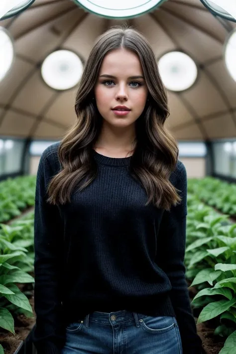 photo of beautiful (J1ll14nJ4ns0n-140:0.99), a woman, perfect hair, (modern photo), wearing a (long sleeved sweater:1.2) and jeans with jewelry, portrait, 85mm, (analog, cinematic, film grain:1.3), (Martian Agricultural Dome, Dome with hydroponic farms and advanced cultivation techniques for Mars.), detailed eyes, professional pose, painted lips, (epiCPhoto), (looking at viewer:1.1), (cinematic shot:1.3), (natural lighting, lit from above), <lora:add_detail:0.5>