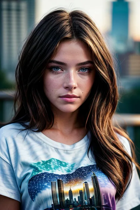 beautiful woman (EPSydn3yM3lm4n:.99), perfect hair, jewelry, ((portrait)), (closeup:1.2), ((from the waist up)), ((( A modern city skyline at twilight, lights twinkling like far-off stars :1.2 ))), natural skin texture, (( Tie-dye joggers and a white t-shirt :1.2)), 24mm, 4k textures, soft cinematic light, adobe lightroom, photolab, hdr, intricate, elegant, highly detailed, sharp focus, ((((cinematic look)))), soothing tones, insane details, intricate details, hyperdetailed, low contrast, soft cinematic light, exposure blend, hdr, faded, now, ("I've got a bad feeling about this.":1.1), "In Jernau we trust!"