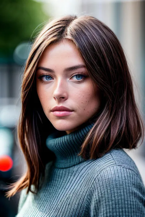 beautiful woman (EPSydn3yM3lm4n:.99),ominous, beautiful, (masterpierce, photorealistic, best quality, 8k, dslr, absurdres,award winning photo, extremely detailed, amazing, fine detail, extremely detailed eyes and face),Closeup portrait of a classy woman, looking at viewer, wearing Ribbed Turtleneck, in BERLIN , standing,"In Jernau we trust", ( Canon EOS M50 Mark II Mirrorless Camera),