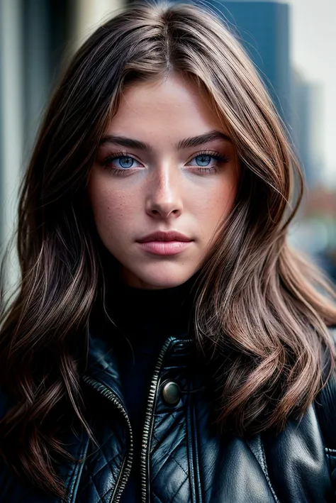 beautiful woman (EPSydn3yM3lm4n:.99),ominous, beautiful, (masterpierce, photorealistic, best quality, 8k, dslr, absurdres,award winning photo, extremely detailed, amazing, fine detail, extremely detailed eyes and face),Closeup portrait of a classy woman, looking at viewer, wearing Quilted Jacket, in Belo Horizonte , standing,"In Jernau we trust", ( Graflex Century Graphic 2×3 Camera),