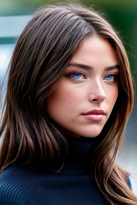 beautiful woman (EPSydn3yM3lm4n:.99),ominous, beautiful, (masterpierce, photorealistic, best quality, 8k, dslr, absurdres,award winning photo, extremely detailed, amazing, fine detail, extremely detailed eyes and face),Closeup portrait of a classy woman, looking at viewer, wearing Ribbed Turtleneck, in Faisalabad , standing,"In Jernau we trust", ( Kodak PIXPRO FZ152 16MP Digital Camera),
