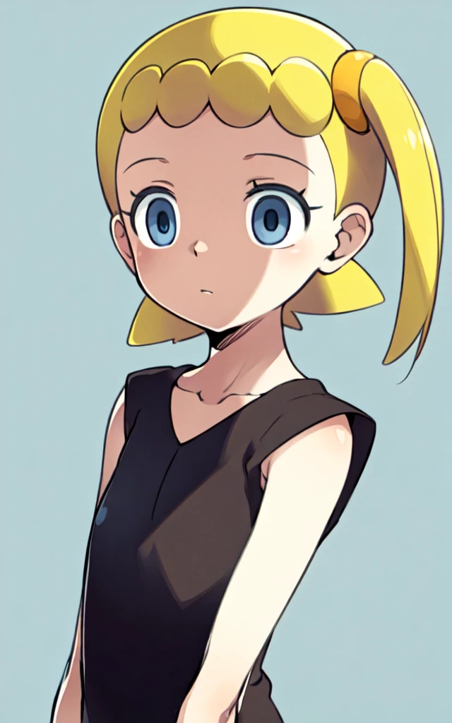 blank_eyes, expressionless,  arms_down,  bonnie_\(pokemon\) ,blue_eyes, blonde_hair, short_hair, solo, 1girl,  flat_chest, realistic:0.8, side_ponytail  <lora:L_BlankEyes_v1:0.7>