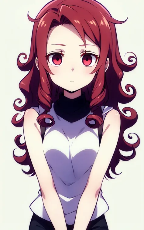 blank_eyes, expressionless,  arms_down,  red_eyes, curls,curly_hair,  purple_hair, long_hair, solo, 1girl, ealistic:0.8, <lora:L_BlankEyes_v1:0.5>