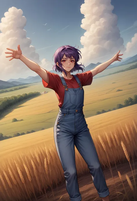 score_9, score_8_up, score_7_up, source_anime, 1girl, solo, looking at viewer, motokosac, purple hair, overalls, short sleeves, red shirt, wheat field, outdoors, wind, spread arms, outstretched arms, dutch angle, red eyes, wheat, cloudy sky, farm, house, scenery, landscape, light smile, closed mouth