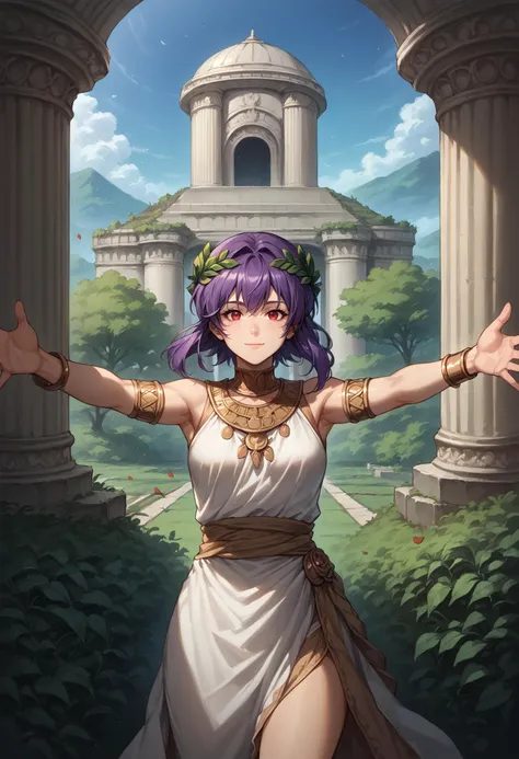 score_9, score_8_up, score_7_up, source_anime, 1girl, solo, looking at viewer, motokosac, purple hair, ancient greek clothes, sleeveless, (peplos), jewelry, (laurel crown:1.2), hair ornament, armlet, outdoors, architecture, pillar, bush, (nature:0.9), vines, scenery, rose, wind, falling leaves, spread arms, outstretched arms, dutch angle, red eyes, bracelet, arch, blue sky, light smile, closed mouth