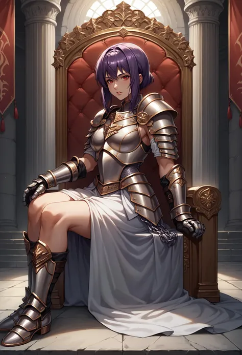 score_9, score_8_up, score_7_up, source_anime, 1girl, solo, looking at viewer, motokosac, purple hair, armor, breastplate, shoulder armor, plate armor, knight, (chainmail), indoors, throne room, throne, pillar, banner, stone wall, (gold), sitting, from side, arm support, reclining, red eyes, gloves, gauntlets, (armored dress), dress, parted lips