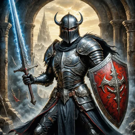 oil and watercolor pastel<lora:oil_and_watercolor_pastel:1.00> by (((Dan Mora) and Bill Medcalf) and Eugenio Recuenco) and Hans Rudolf Giger, character, sword and shield <lora:sword_and_shield:0.45> <lora:more_art:0.60>