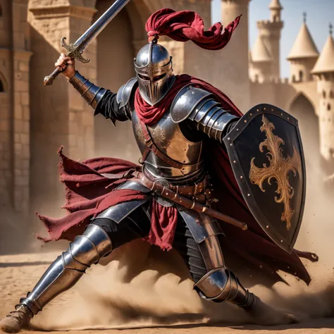 RAW photo of 25 years old Arabian knight, wielding Sword and shield, dessert castle, fighting against crusader knights, black linen, shiny armor, action shot, dirt, blood, dust, damaged armor, blood splatters, 16k uhd, dslr, insane details, award-winning photo, <lora:XL_Weapon_Sword__Shield_-_By_HailoKnight:0.4>, <lora:d\EnvyActionShotXL01:0.95>, turban