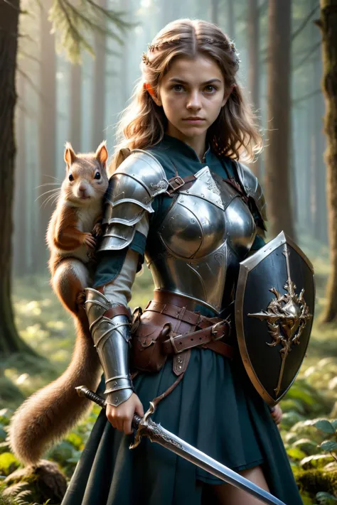 by (((Mandy Jurgens) and Artur Nikodem) and Nathan Wirth) and Octavio Ocampo, character, sword and shield <lora:sword_and_shield:0.45>, full body length, cinematic , hyperdetailed photography, , shallow depth of field,, cute 18 year old woman and her pet squirrel <lora:more_art:0.30><lora:clothing_slider:2.00><lora:great_lighting:1.30><lora:aesthetic:1.15><lora:photorealistic_portrait:1.25><lora:RMSDXL_Enhance:0.45><lora:RMSDXL_Creative:0.35><lora:RMSDXL_Photo:0.45><lora:RMSDXL_Darkness_Cinema:0.50><lora:XDetail_heavy:0.45><lora:perfect_eyes:0.15><lora:perfect_hands:0.15><lora:midjourney:-0.15><lora:looking_at_viewer:0.75><lora:dpo:0.25>