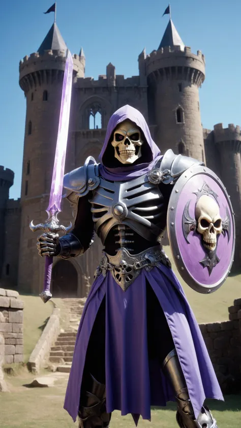 photograph of a man, Skeletor cosplay, wielding a purple sword and shield, castle Greyskull set, shot on an Olympus OM-1, ultra realistic, <lora:XL_Weapon_Sword__Shield_-_By_HailoKnight:0.6>